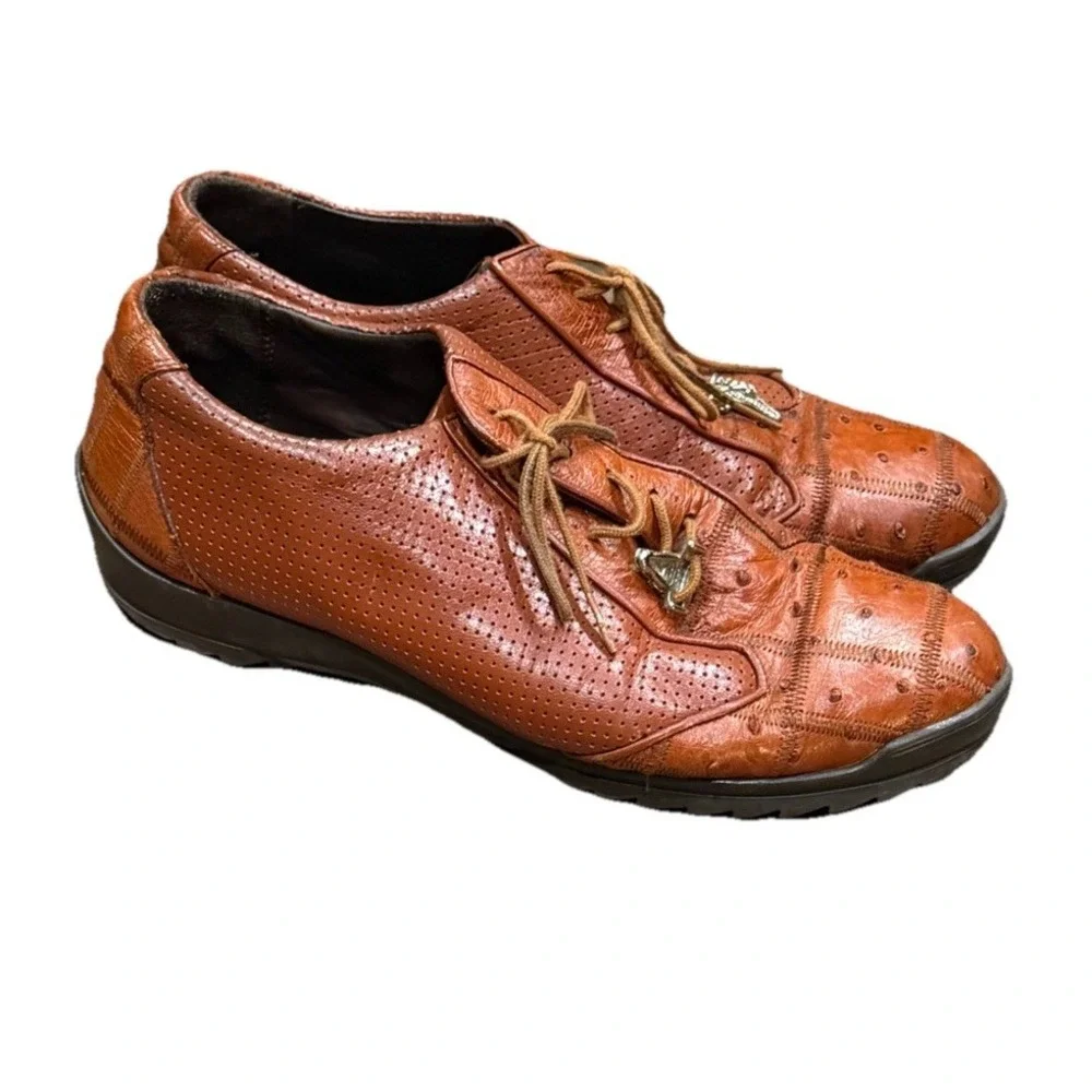 Los Altos Cognac‎ Ostrich Quill Patch Cognac Casual Sneaker Shoes Men's 10? READ